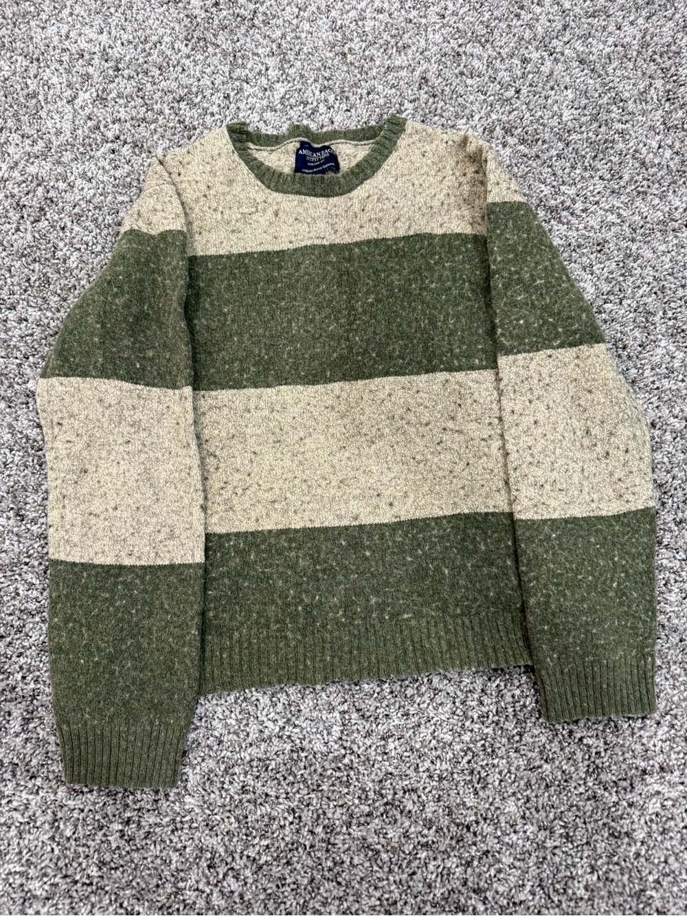 American Eagle Vintage Olive Green & Cream Block Stripe Crewneck Sweater